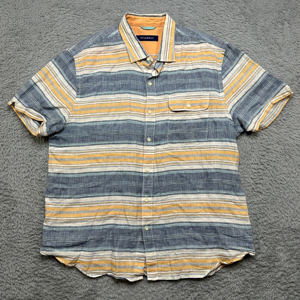 Tommy Bahama Shirt Mens XL Stripes 100% Linen Short Sleeve Button Down Jacquard